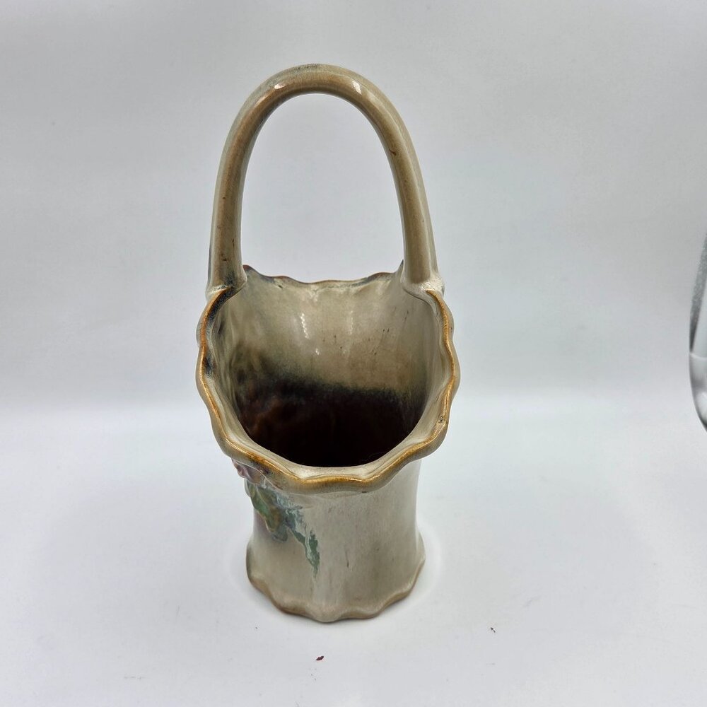Vintage Multicolor Ceramic Rose Basket Vase Handled Mid-Century Floral Decor - Picture 3 of 3